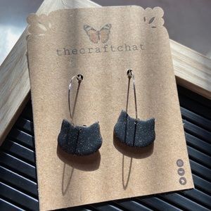 Polymer clay black sparkle cat hoop earrings